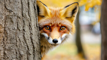 Obraz premium red fox peering from behind tree in vibrant forest setting, showcasing its striking orange fur and expressive eyes. autumn foliage adds warmth to scene