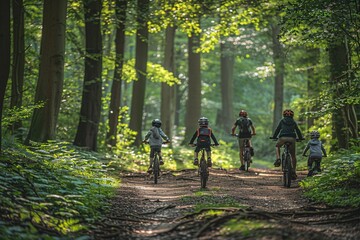 Obraz premium A group of five children and adults ride their bicycles along a dirt path in a lush green forest, enjoying the warm sunlight filtering through the tall trees, creating a serene atmosphere