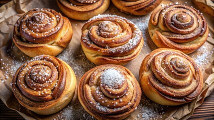 Fototapeta premium A close-up shot of freshly baked cinnamon rolls dusted with powdered sugar and arranged on parchment paper.