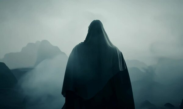 Morpheus cloaked in dark gray mist, standing in a shadowy dreamworld where everything fades into soft, neutral tones