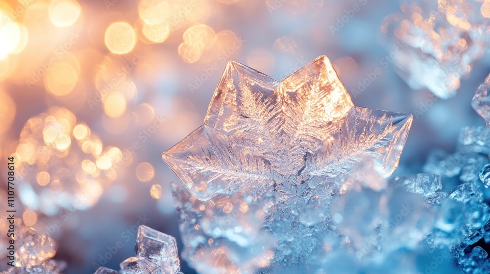 Poster close-up of a sparkling, intricate snowflake with a blurred background of golden lights.