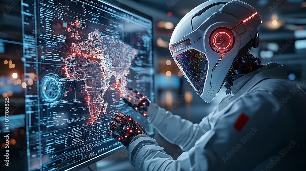 Poster humanoid robot interacting with digital map display, showcasing technology