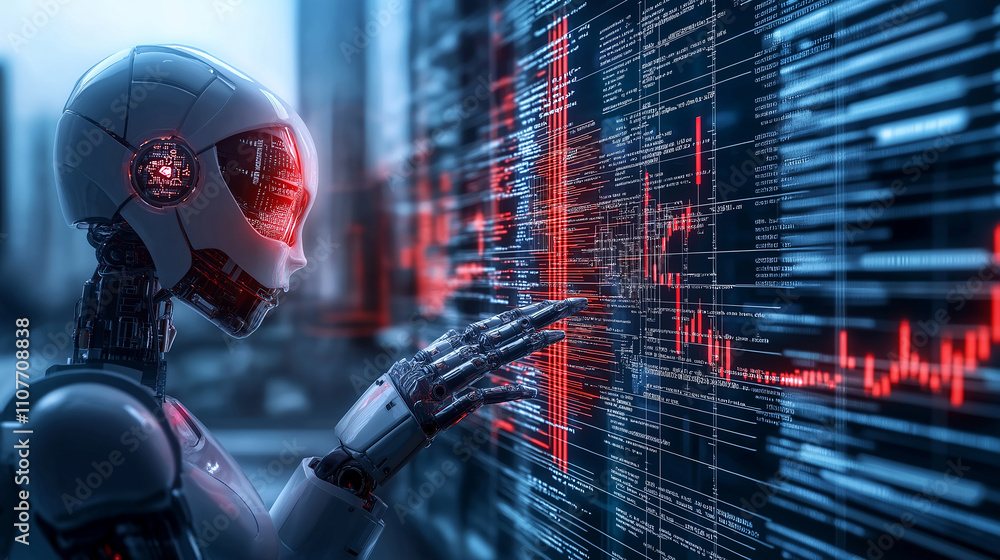 Poster humanoid robot interacting with digital data displays in futuristic setting