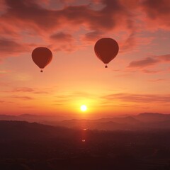 Fototapeta premium Two hot air balloons fly at sunrise over a hazy mountain valley.