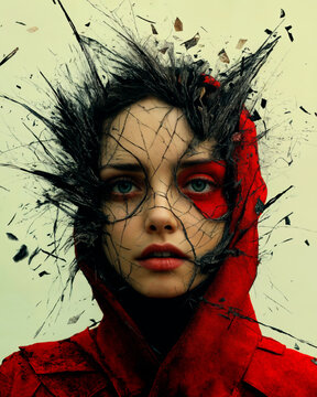 Woman in red hood with shattered glass effect, symbolizing paranoia, sadness, and transformation.  .
