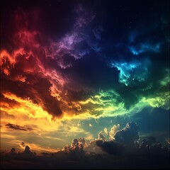 Obraz premium Vibrant, colorful sunset cloudscape with stars.