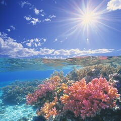 Naklejka premium Vibrant coral reef underwater scene with bright sunlight and blue sky above.