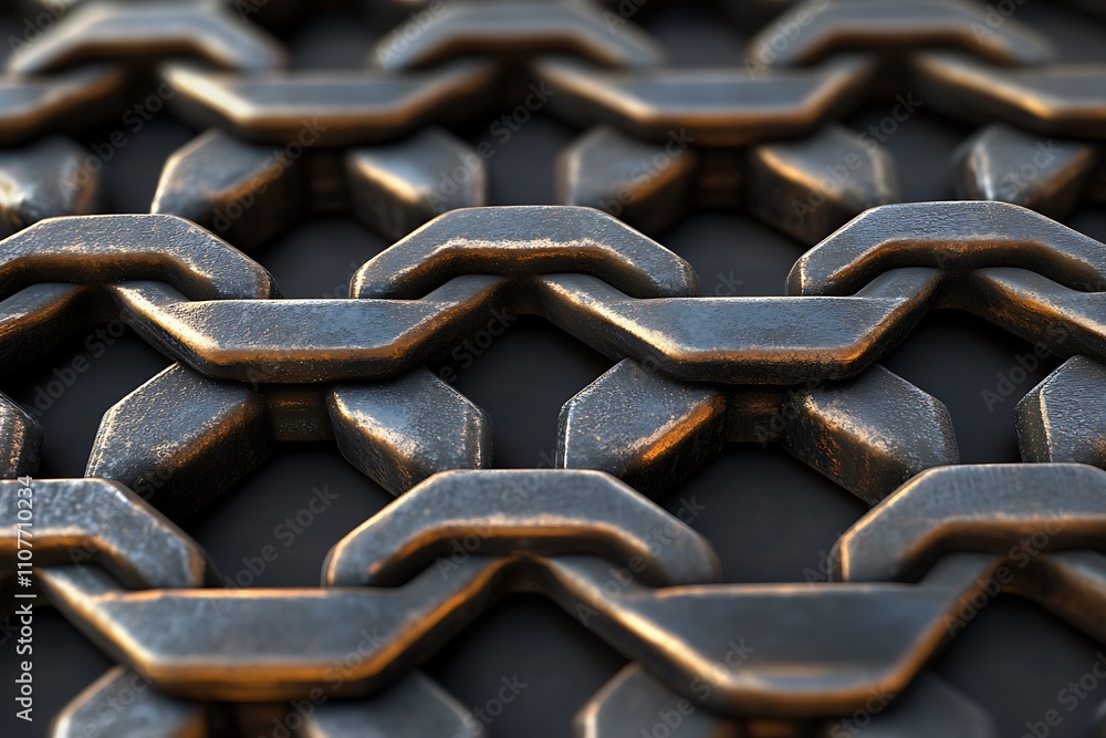 Aufkleber Close-up of a metallic chainmail texture with hexagonal links.