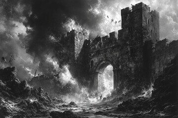 Naklejka premium This portrait captures a fortress wall under attack, where each stone impact results in explosions of debris, vividly dramatic details conveying the intensity of the siege. 