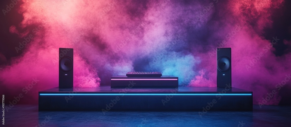 Poster neon light illuminating a stage with two speakers and a platform.