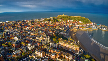 Aerial View of Scarborough, England, United Kingdom at Dusk