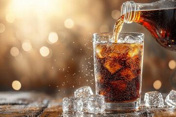 Refreshing cold beverage being poured into glass filled with ice cubes, creating bubbly and dynamic scene. warm background adds cozy atmosphere
