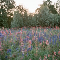 Vibrant wildflowers in a field at sunset.
