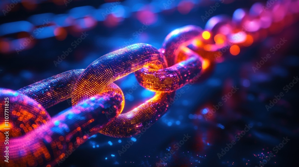 Poster a glowing chain of interconnected links in a dark setting, representing the concept of technology, c