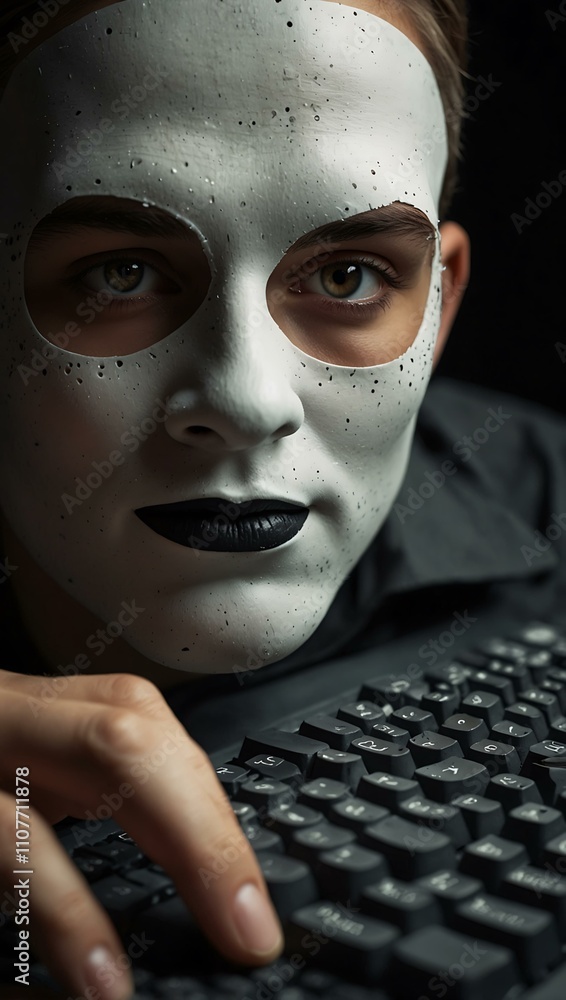 Poster menacing hacker typing on a keyboard with a face mask.