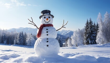 Obraz premium Joyful Snowman in a Snowy Mountain Winter Wonderland Landscape
