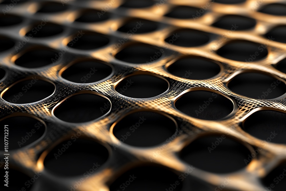 Aufkleber Close-up of a textured metallic grid with circular holes, exhibiting a wave-like pattern and a golden hue.