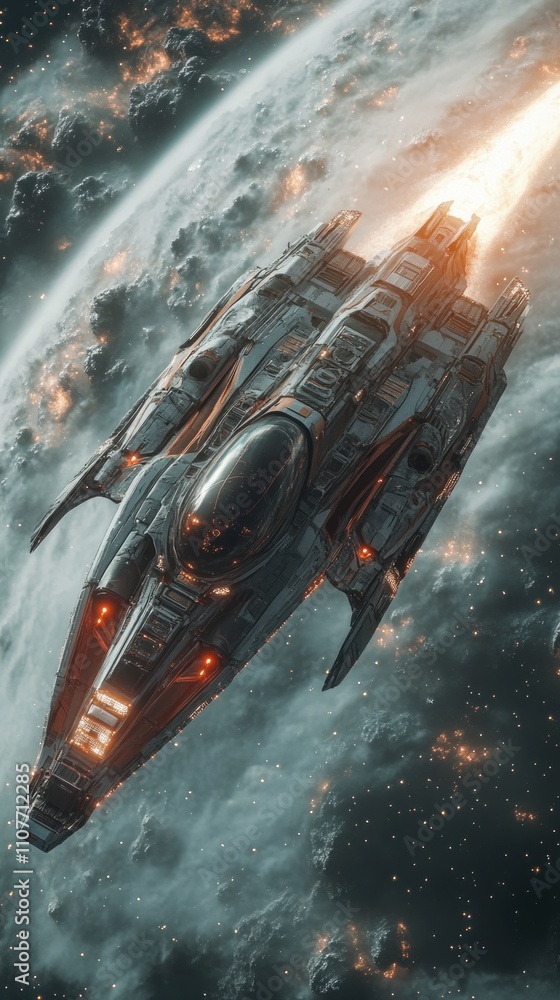 Poster a futuristic spaceship with glowing thrusters flies over a planet in space.