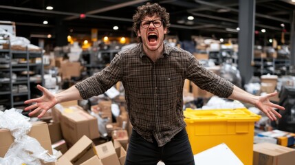 A furious young man in a checkered shirt, arms outstretched, yells amidst a bustling warehouse setting, reflecting chaotic energy.