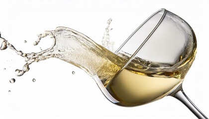 White wine champagne splashing in a glass on isolated white background