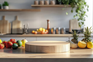 wooden podium stands on kitchen countertop surrounded by fresh fruits like strawberries, lemons, and pineapples, creating vibrant and inviting atmosphere