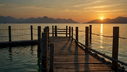 Fototapeta premium Metal fences on a jetty at sunset on Langkawi Island, Malaysia.