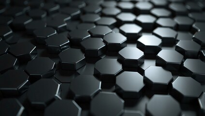Metal hexagons on a dark plane, 3D rendering.