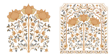 Mughal decorative ornamental floral. Vintage intricate traditional mughal style with flowers and foliage.