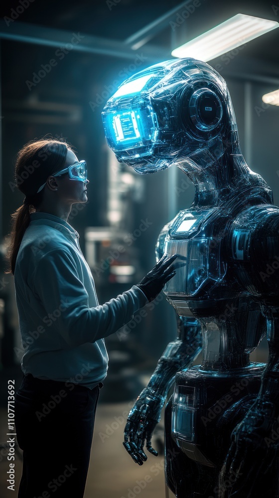 Poster female scientist interacts with a translucent robot in a futuristic lab.