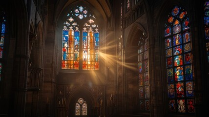 Obraz premium Sunbeams illuminate stained glass windows in a gothic cathedral.