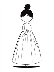 Fototapeta premium A minimalist drawing of a sleek, elegant figure with hair up in a bun, wearing a flowing dress with a simple floral motif, radiating serenity and timeless beauty.