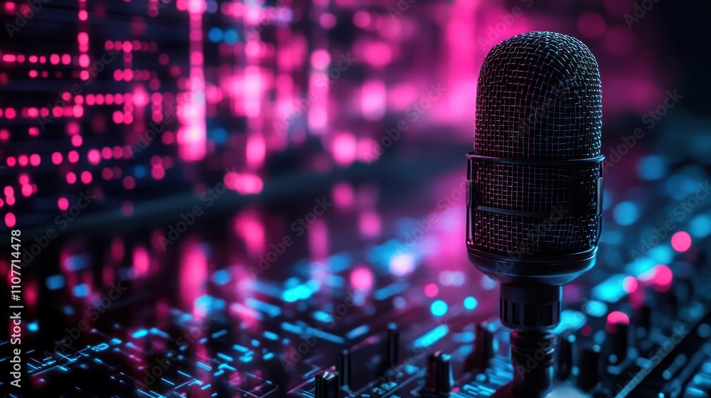 Poster a close-up of a microphone with colorful lights in the background.