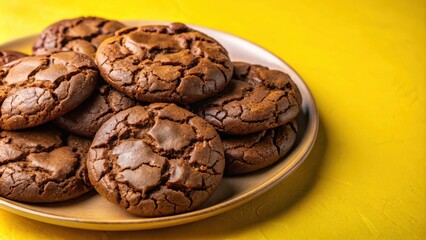 Obraz premium A close-up image of freshly baked chocolate chip cookies, arranged on a plate, on a yellow background, showcasing the textures and details of the cookies.