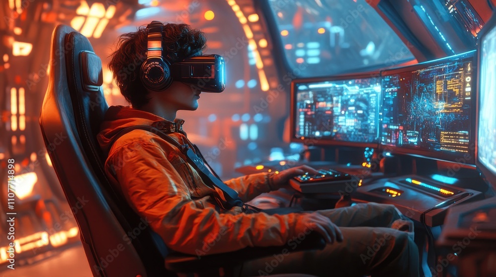 Poster young man immersed in futuristic vr gaming experience, seated in a high-tech cockpit with large moni