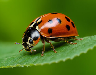 Fototapeta premium Close-up of a vibrant ladybug perched on a green leaf.