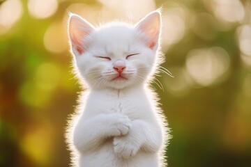 Fototapeta premium A cute white kitten standing with hands on hips, eyes closed, playful expression, soft lighting, medium close-up 4