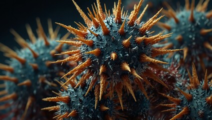 Microscopic view of viruses with spiky structures showing how they spread.
