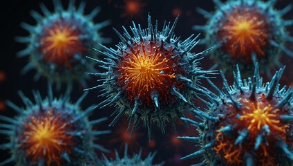 Microscopic view of viruses with spiky structures showing how they spread.