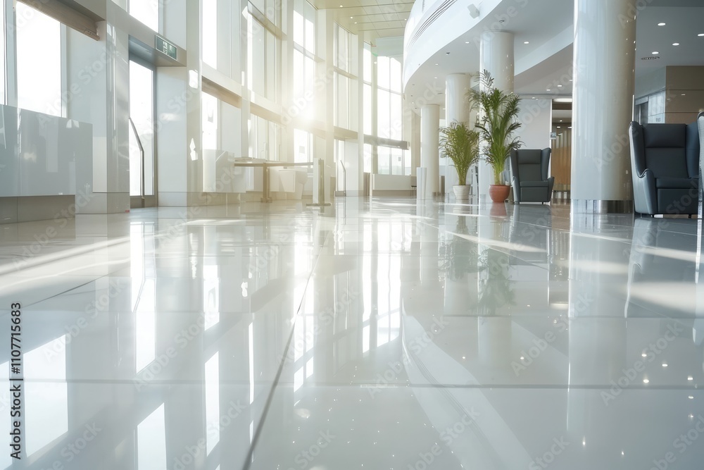 Poster bright, modern lobby with polished floors and large windows, creating an inviting atmosphere.