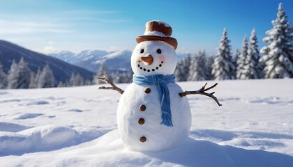 Obraz premium Joyful Snowman in Snowy Mountain Landscape: Winter Wonderland Scene
