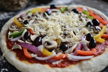 A close-up of a vegetarian pizza with fresh bell peppers, olives, onions, mushrooms, and tomato sauce, topped with a layer of cheese, vibrant colors, and healthy ingredients 1