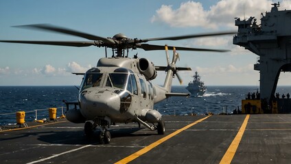 Military helicopter on an aircraft carrier.