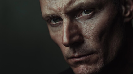 Fototapeta premium An intense, detailed close-up of a mature Caucasian man’s face with striking features, conveying strength and emotion, encapsulating a moment of deep expression and character.