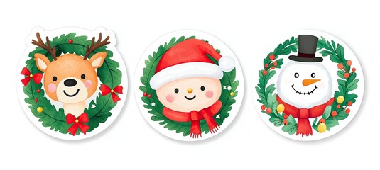 Fototapeta premium Christmas stickers in watercolor style: Santa Claus, reindeer, and snowman smiling inside a festive wreath. Perfect for New Year decorations and crafts.