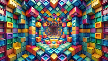 An abstract perspective of a vibrant, colorful, cube-shaped tunnel leading into a kaleidoscope of color.