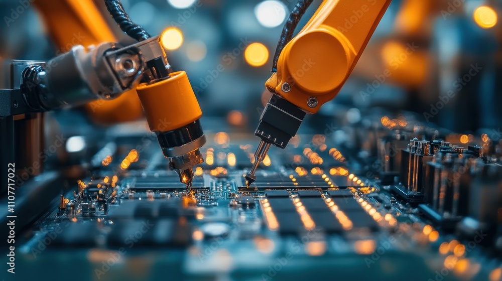 Poster two robotic arms working on a circuit board in a factory setting.