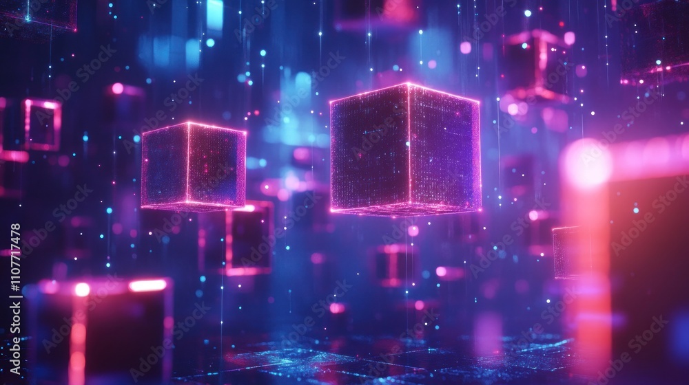 Aufkleber glowing pink and blue cubes float in a digital space with a blurry background of falling particles.