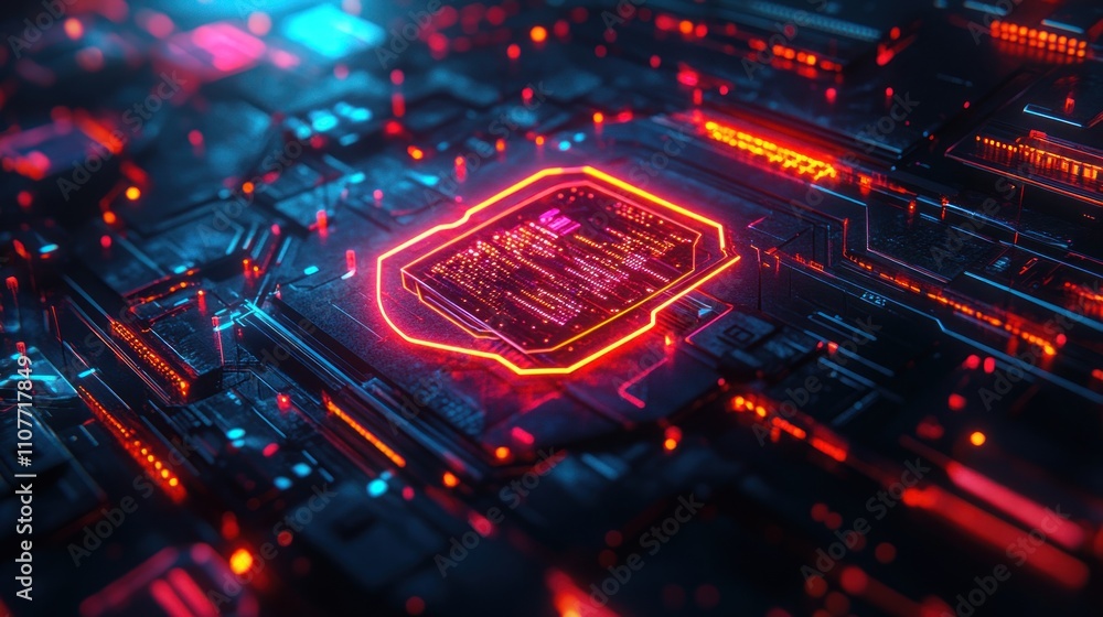 Poster a close-up of a glowing red circuit board with a central processor.