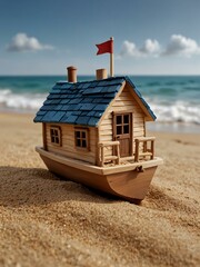 Miniature house shaped like a boat on the sand with ocean and sky in the background.