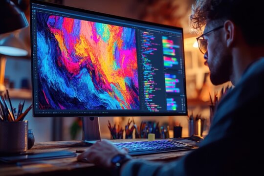 Man coding colorful abstract art on large monitor.